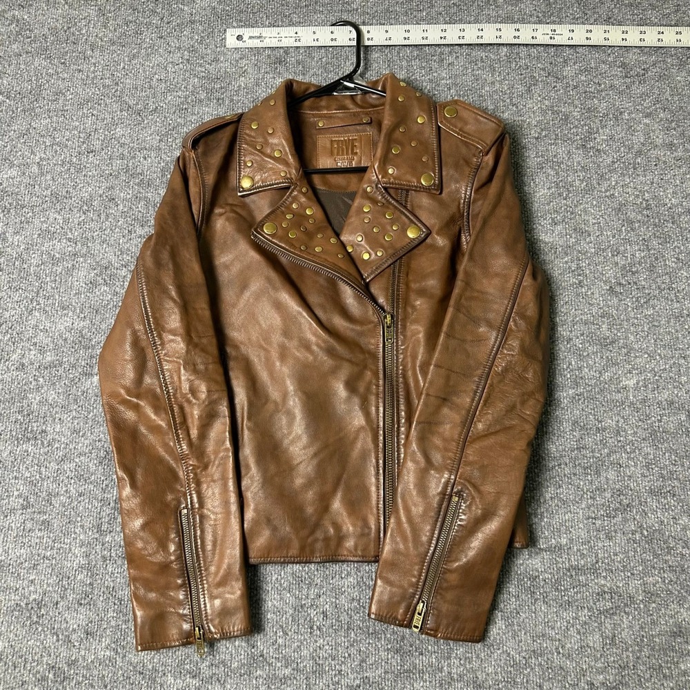 Frye Leather Jacket Womens Size M Brown Studded Moto Biker Cow Leather Slim Fit